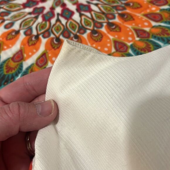 Maggy London Fit and Flare Cream Dress with Pink and Orange embellishments - Picture 7 of 8